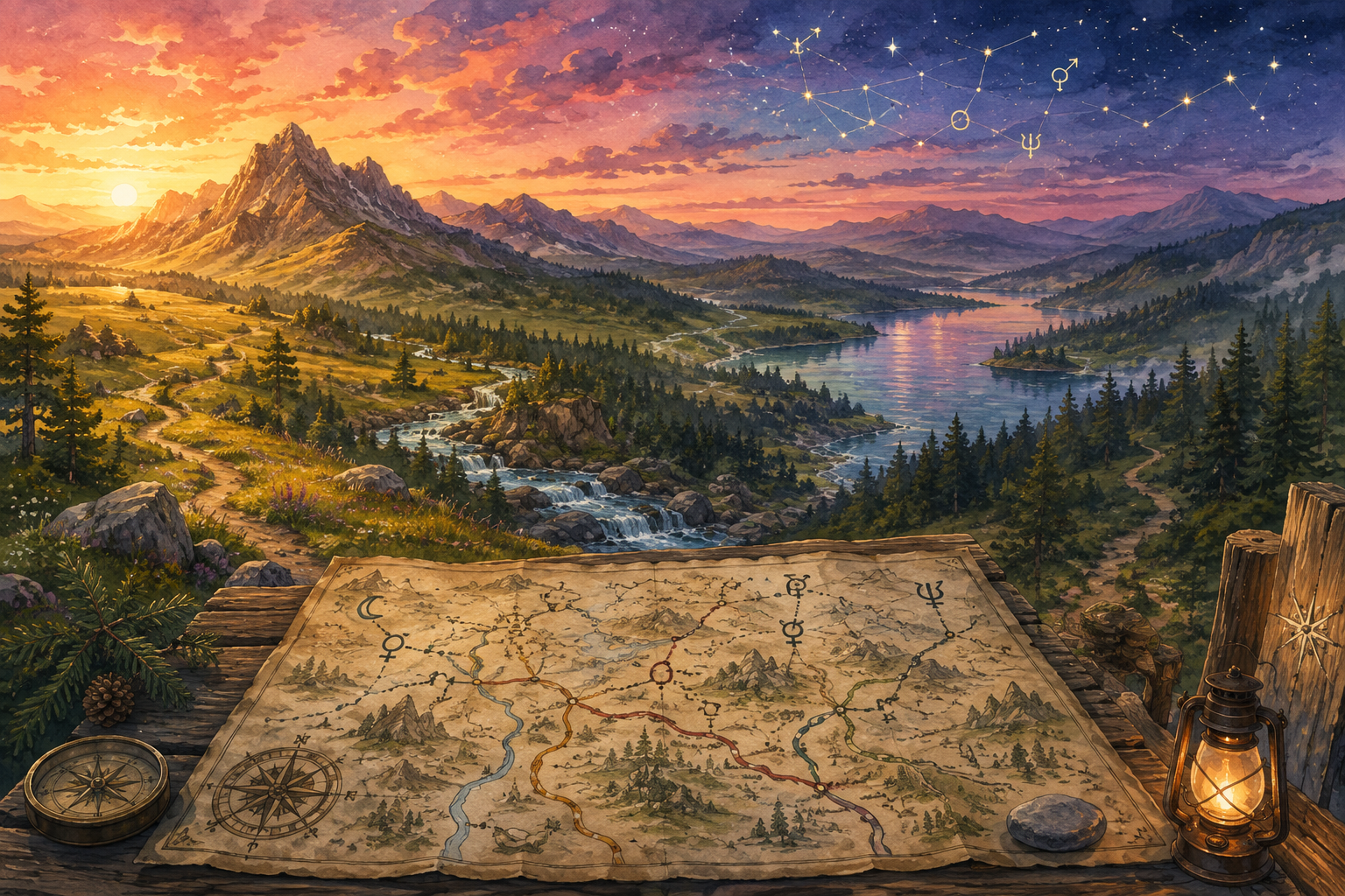 A Stone & Sky illustrated landscape showing mountains, valleys, forests, rushing water, and a calm lake beneath a changing sunset and starry sky, with a celestial trail map in the foreground representing seemingly contradictory parts of a birth chart belonging to one interconnected landscape.